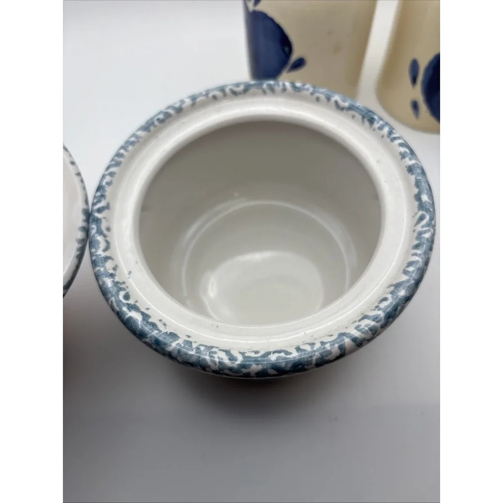 Set Of 3 Blue Sponge Heart Pottery Stoneware Country Vases Milk Jugs Soup‎ Crock
